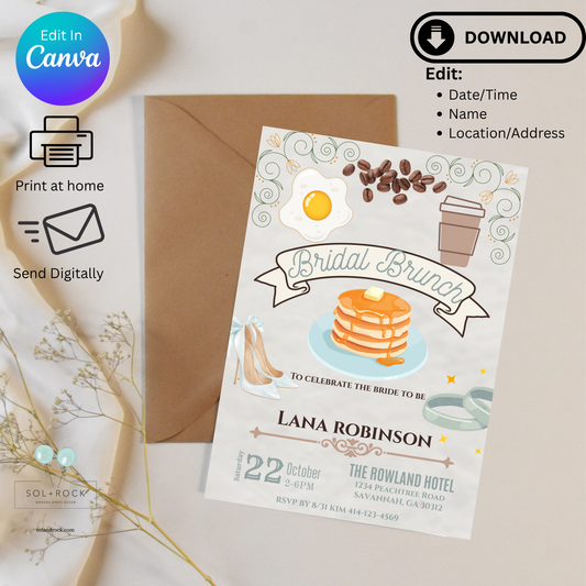 Bridal brunch invitation card with envelope on a light background