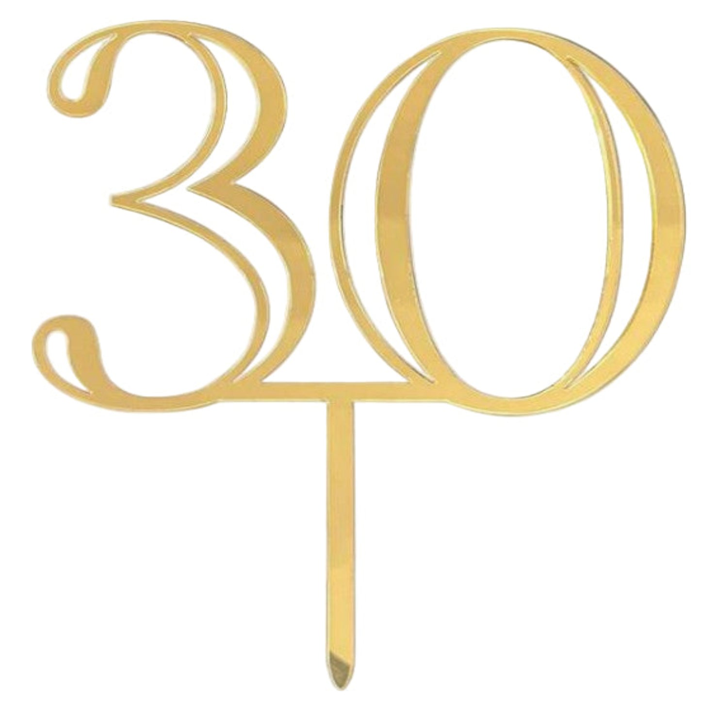 Gold cake topper with the number '30' on a white background