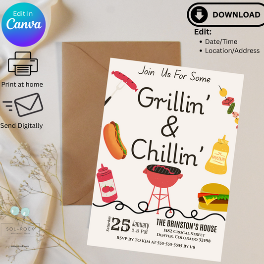 Invitation card for 'Grillin' & Chillin'' event with barbecue-themed graphics on a white background.