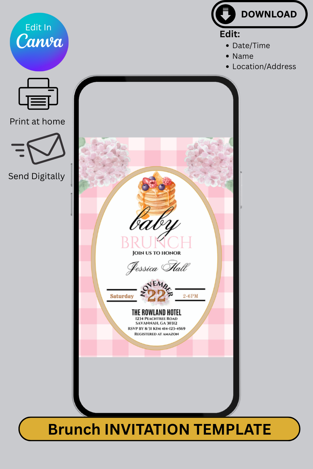Baby brunch invitation template on a smartphone screen with Canva branding.