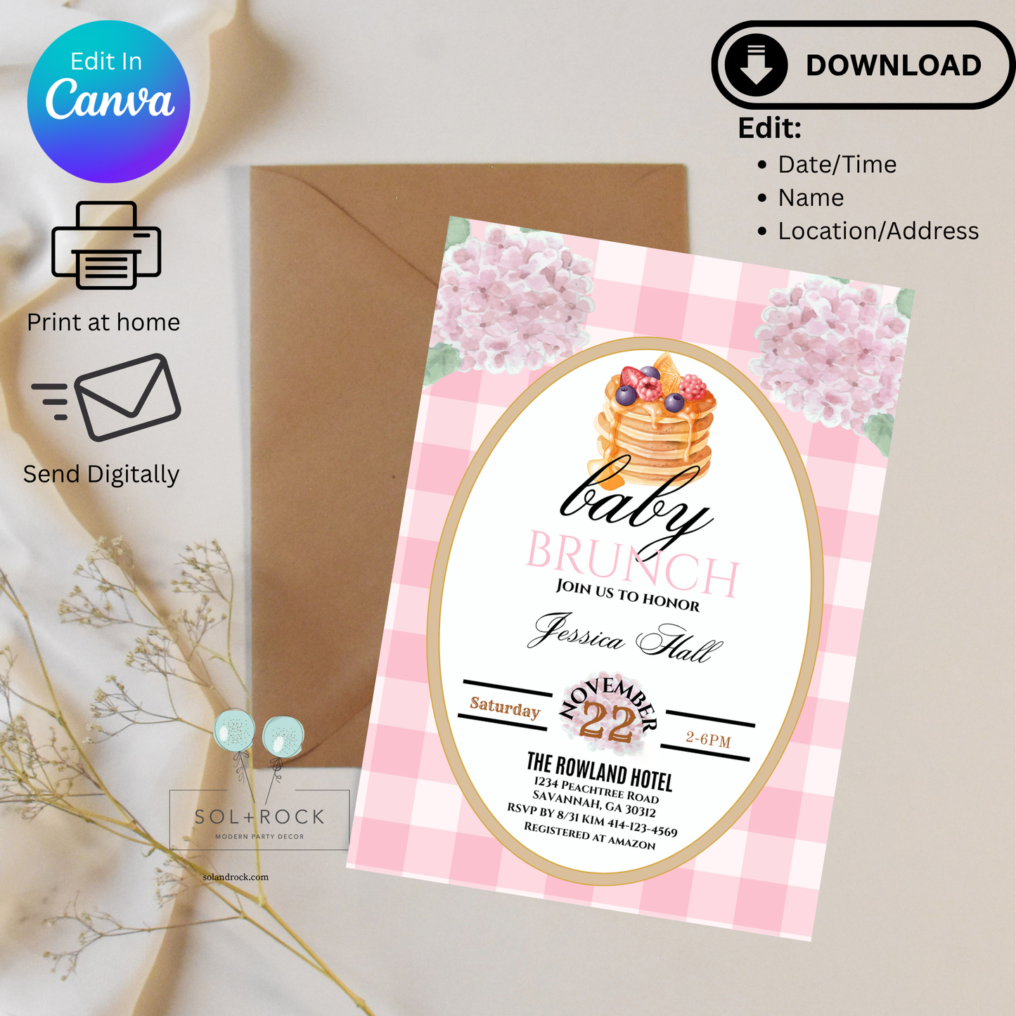 Baby shower invitation with pink checkered design and envelope on a light background