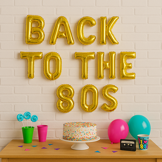 Decorative setup with gold 'Back to the 80s' balloons, cake, and party supplies against a brick wall.