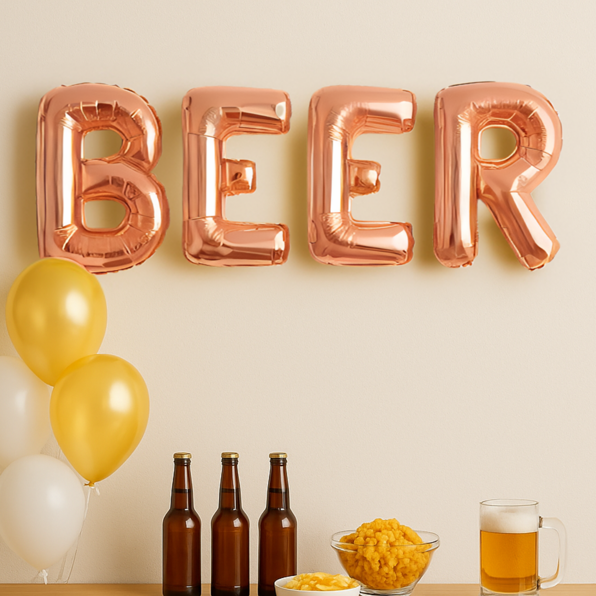Rose gold 'BEER' balloons with beer bottles, glasses, and snacks on a light background