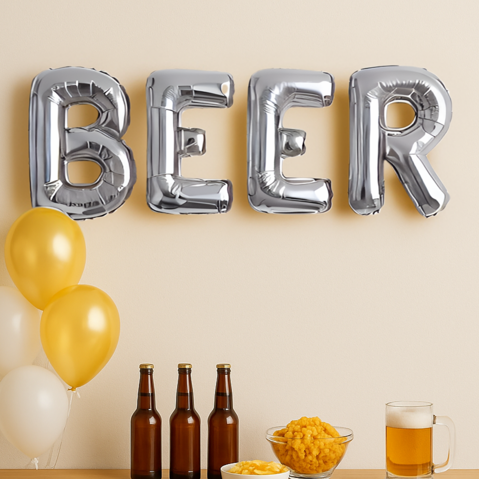 Silver 'BEER' balloons with yellow balloons, beer bottles, and a mug on a beige background