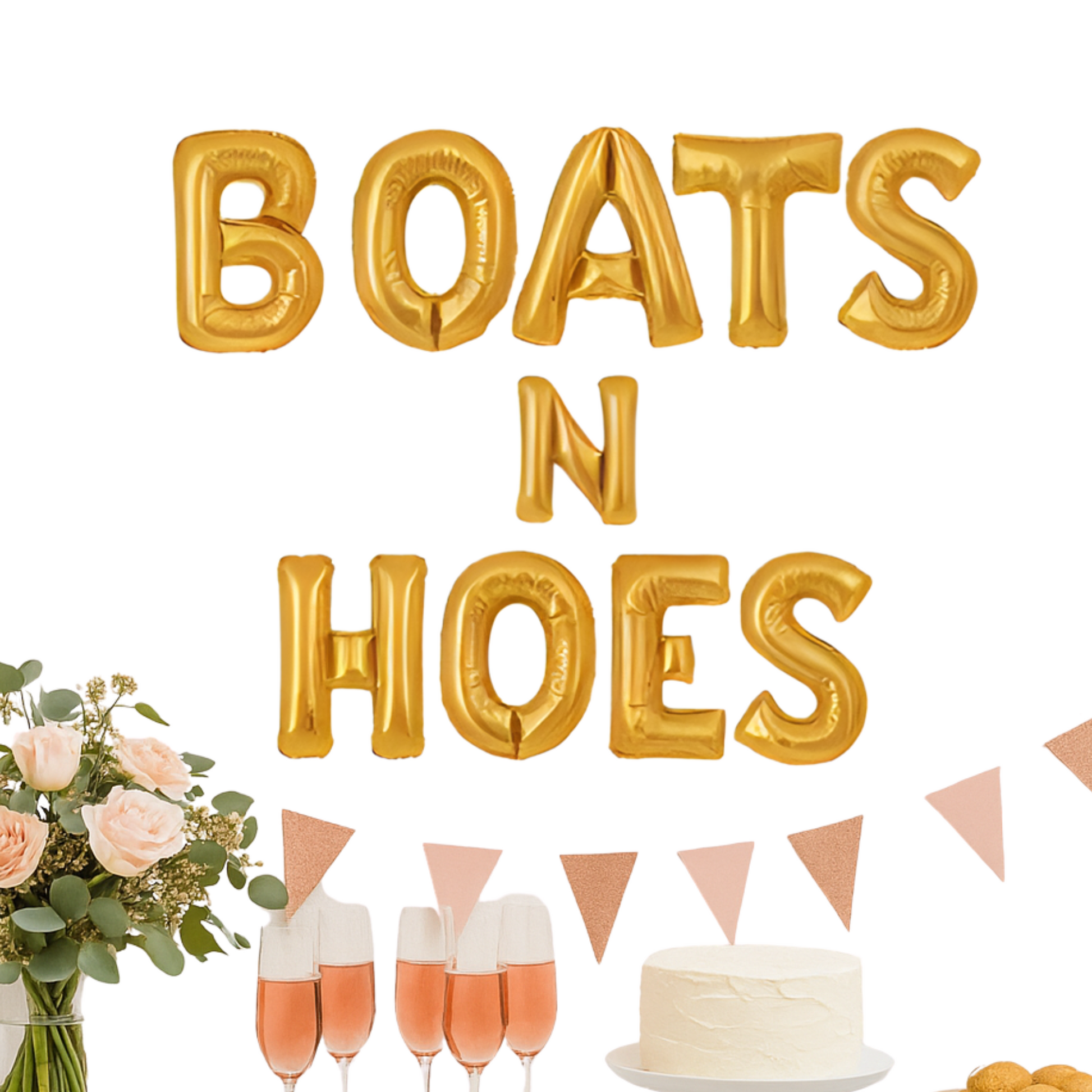 Gold balloon letters spelling 'BOATS N HOES' with decorative elements on a white background