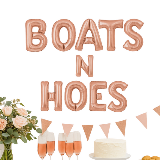 Rose gold balloon letters spelling 'BOATS N HOES' with decorative elements on a white background.