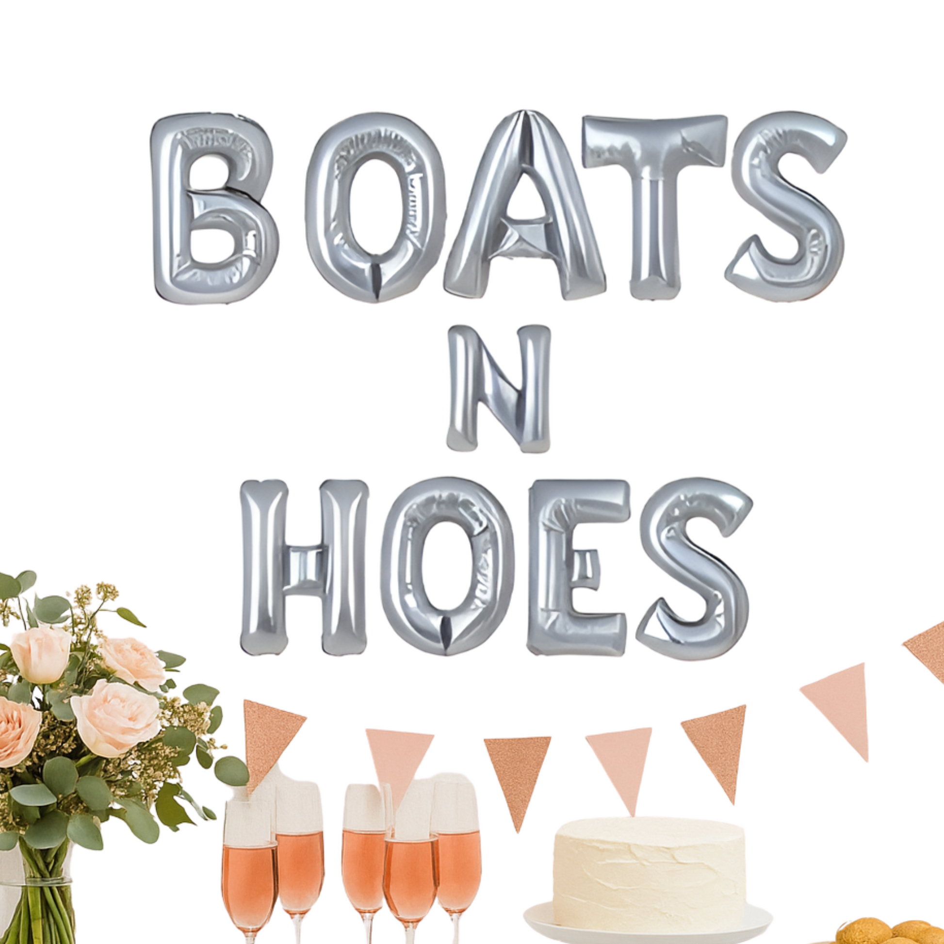 Silver balloon letters spelling 'BOATS N HOES' with decorative elements like flowers, champagne glasses, and a cake on a white background.