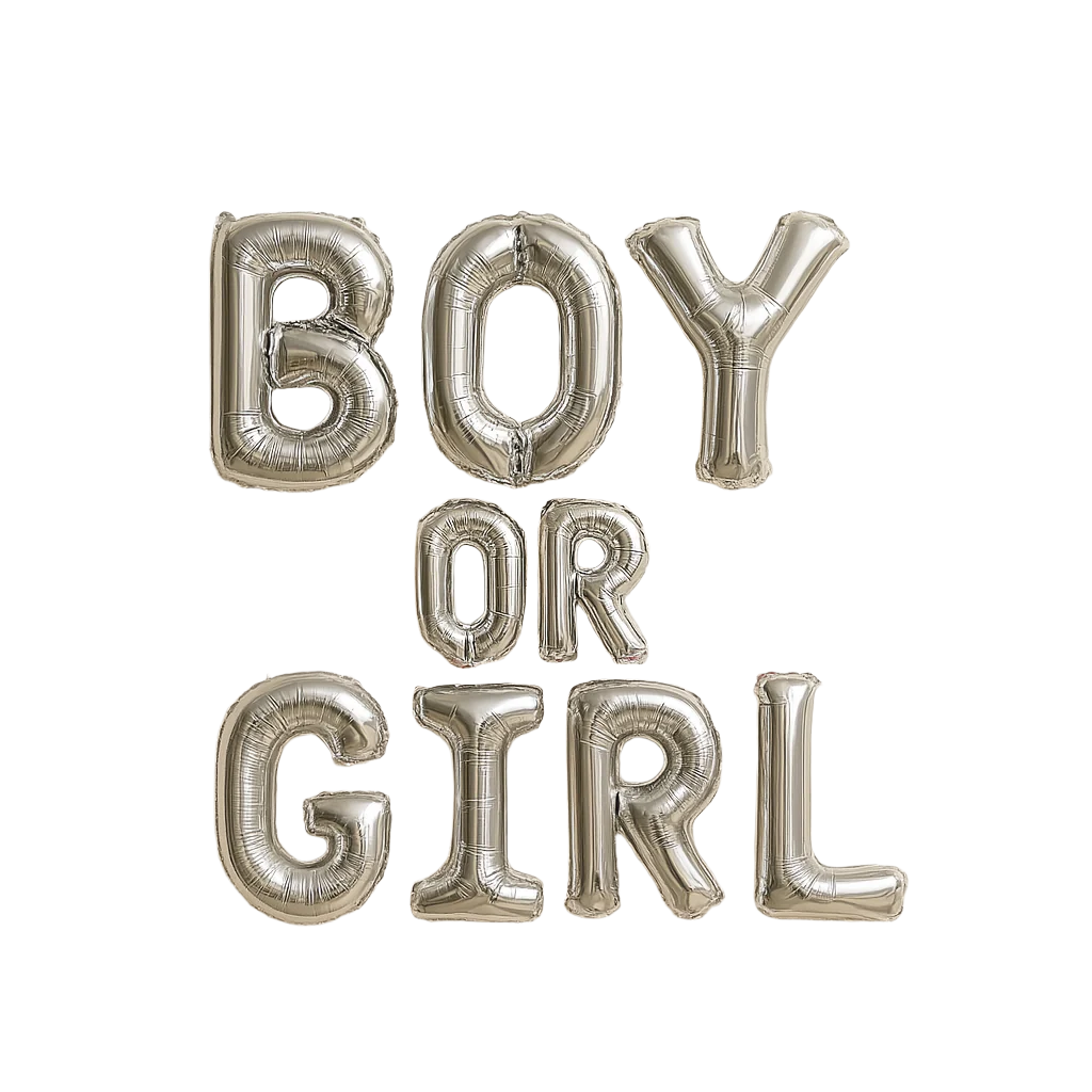 Silver balloon letters spelling 'BOY OR GIRL' on a beige background