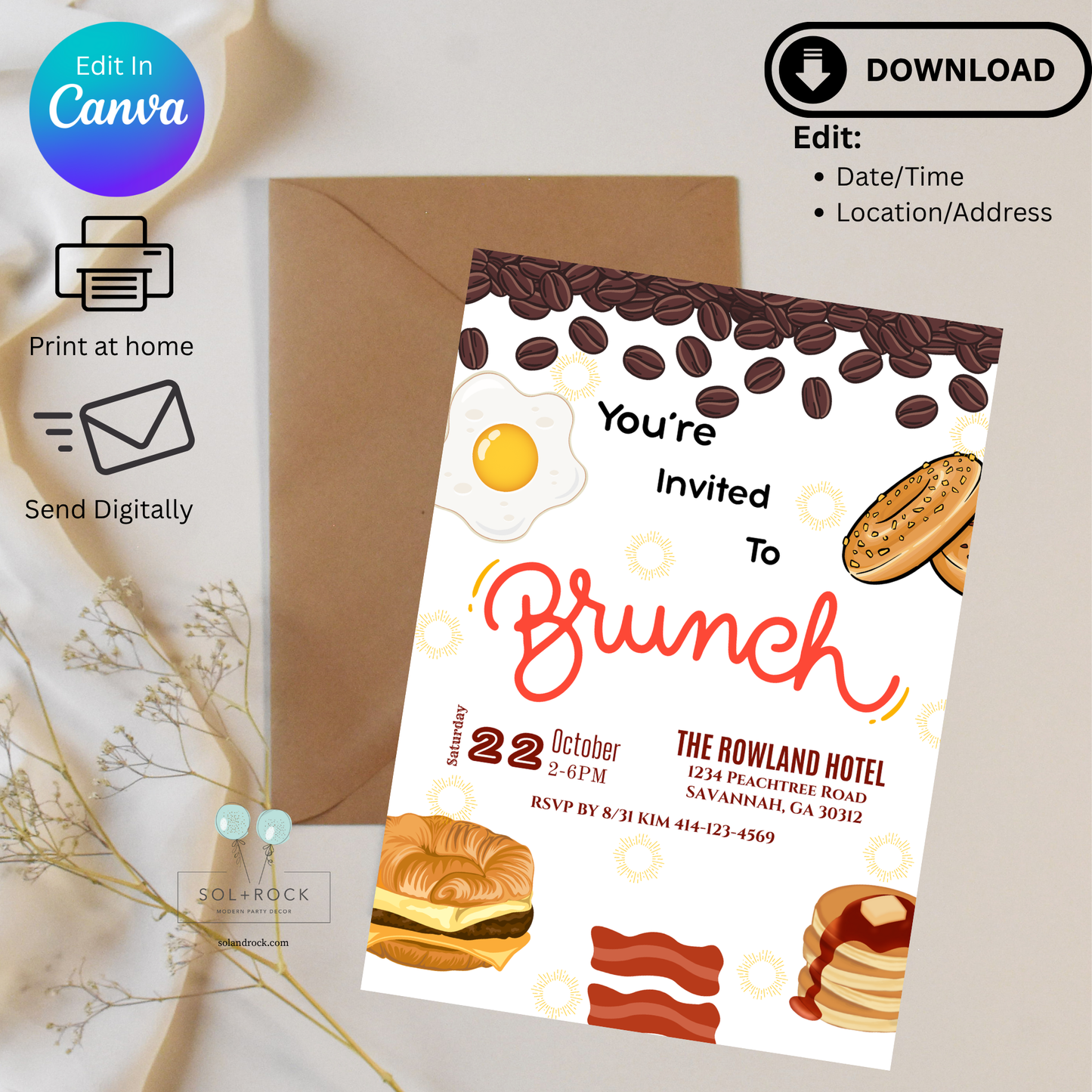 Brunch invitation card with food illustrations and envelope on a light background