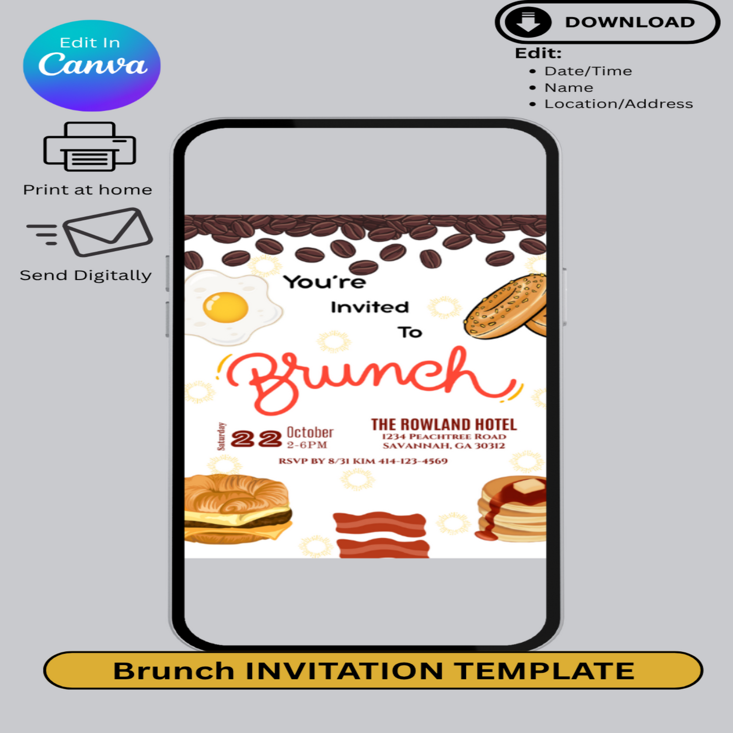 Brunch invitation template on a smartphone screen with Canva branding.