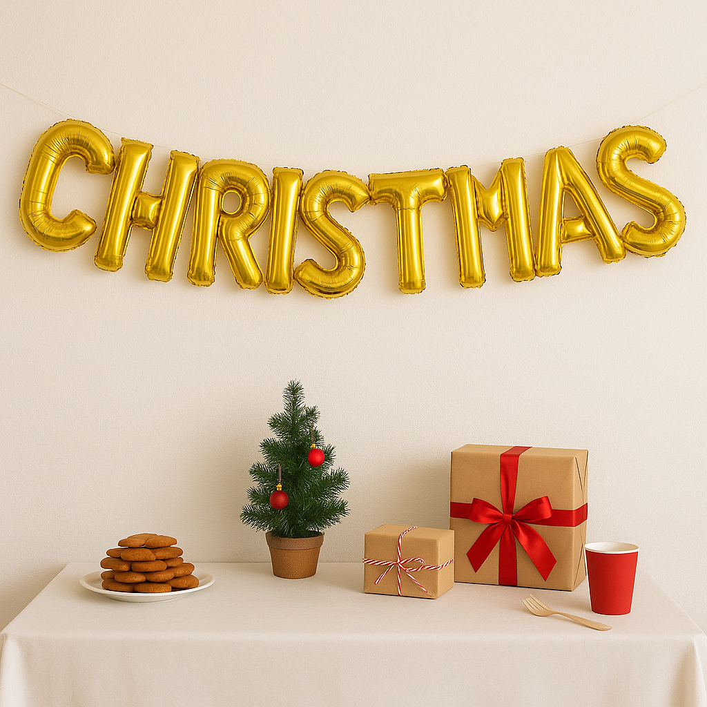 Decorative setup with gold 'CHRISTMAS' balloons, small Christmas tree, cookies, presents, and a red cup on a white tablecloth.