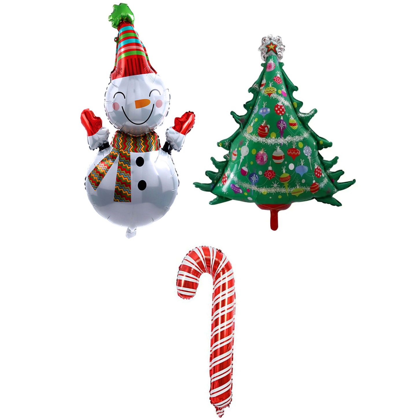 Christmas-themed balloons including a snowman, tree, and candy cane on a white background