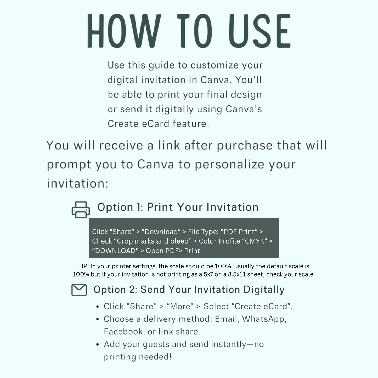 Instructions on how to customize a digital invitation using Canva.