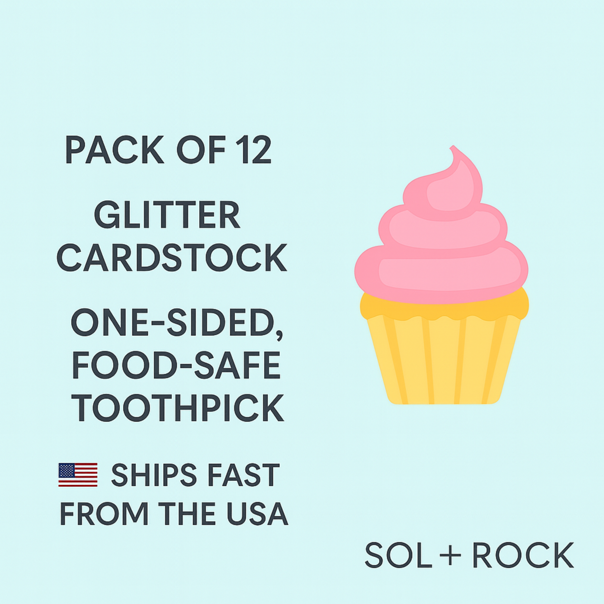 Promotional graphic for glitter cardstock toothpicks with a cupcake illustration on a light blue background.