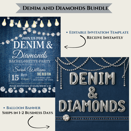 Denim & Diamonds Bachelorette Party Bundle – Invitation Template & Balloon Banner