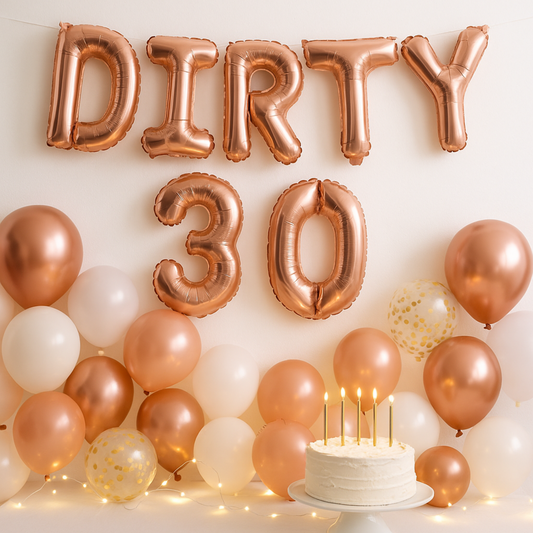 Foil balloon banner spelling DIRTY 30 on birthday photo backdrop