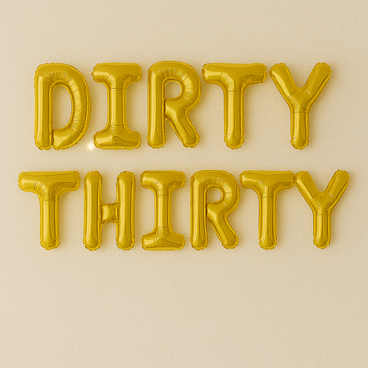 Gold 'DIRTY THIRTY' balloons on a beige background