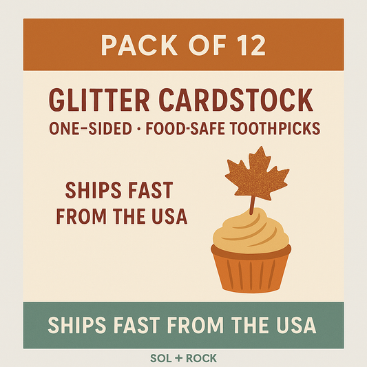 Promotional graphic for glitter cardstock toothpicks with a cupcake and leaf illustration on a beige background.