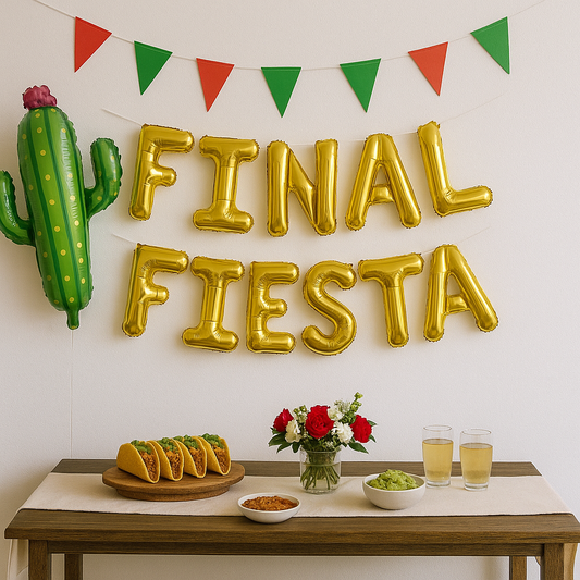 Decorated room with 'FINAL FIESTA' balloons, cactus balloon, and table setup.
