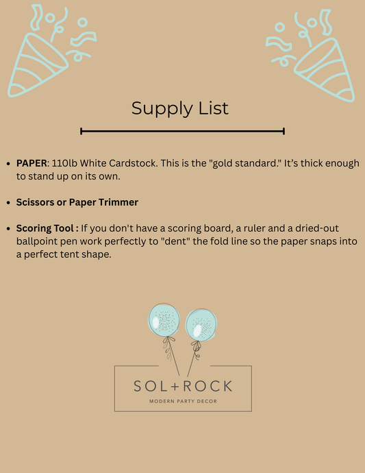 Supply list for party decorations with Sol+Rock branding on a brown background