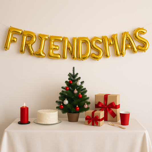 Decorative setup with 'FRIENDSMAS' balloons, Christmas tree, gifts, and cake on a table.