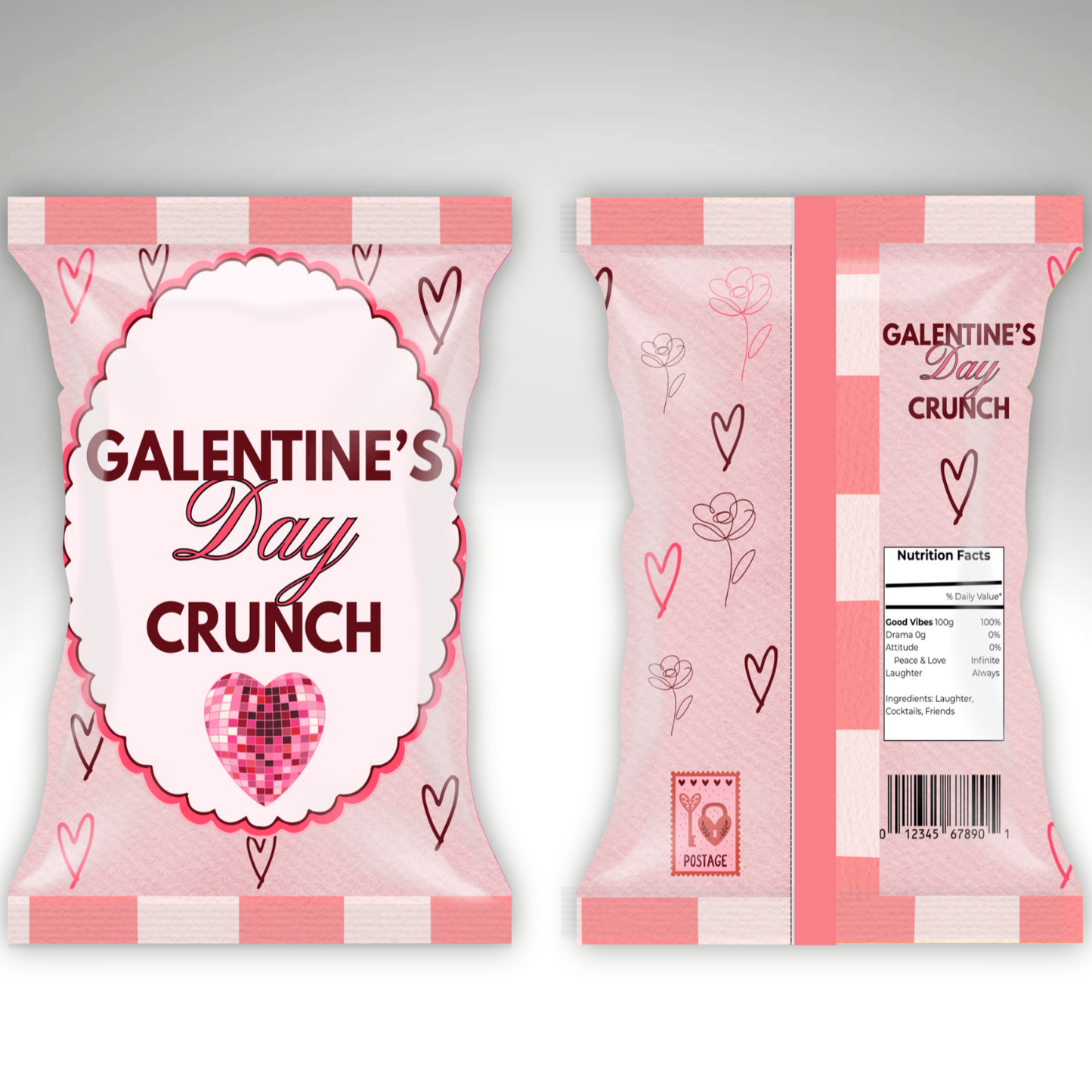Valentine's Day themed snack package with pink and white design