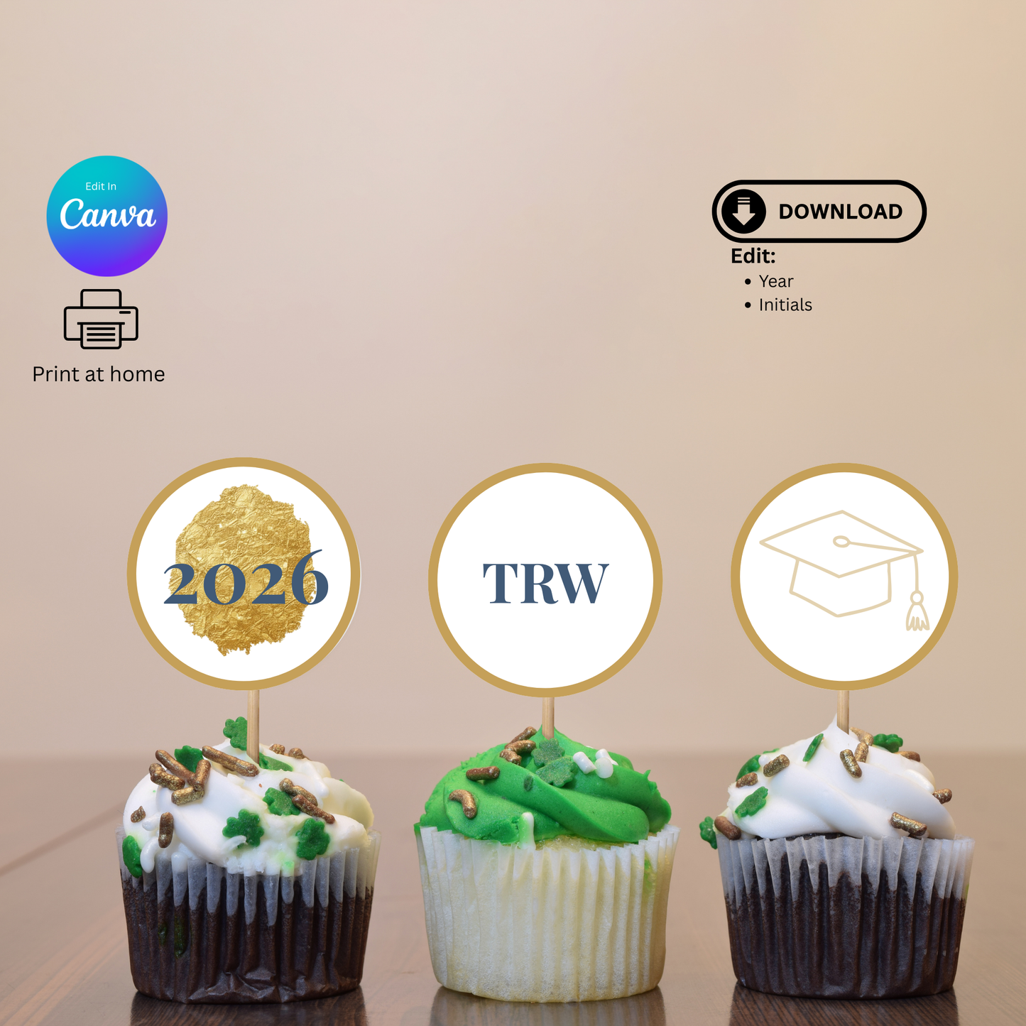 Editable 2026 Graduation Cupcake Toppers - Navy and Gold Class of 2026 - 2 inch Printable Party Tags - Instant Canva Template