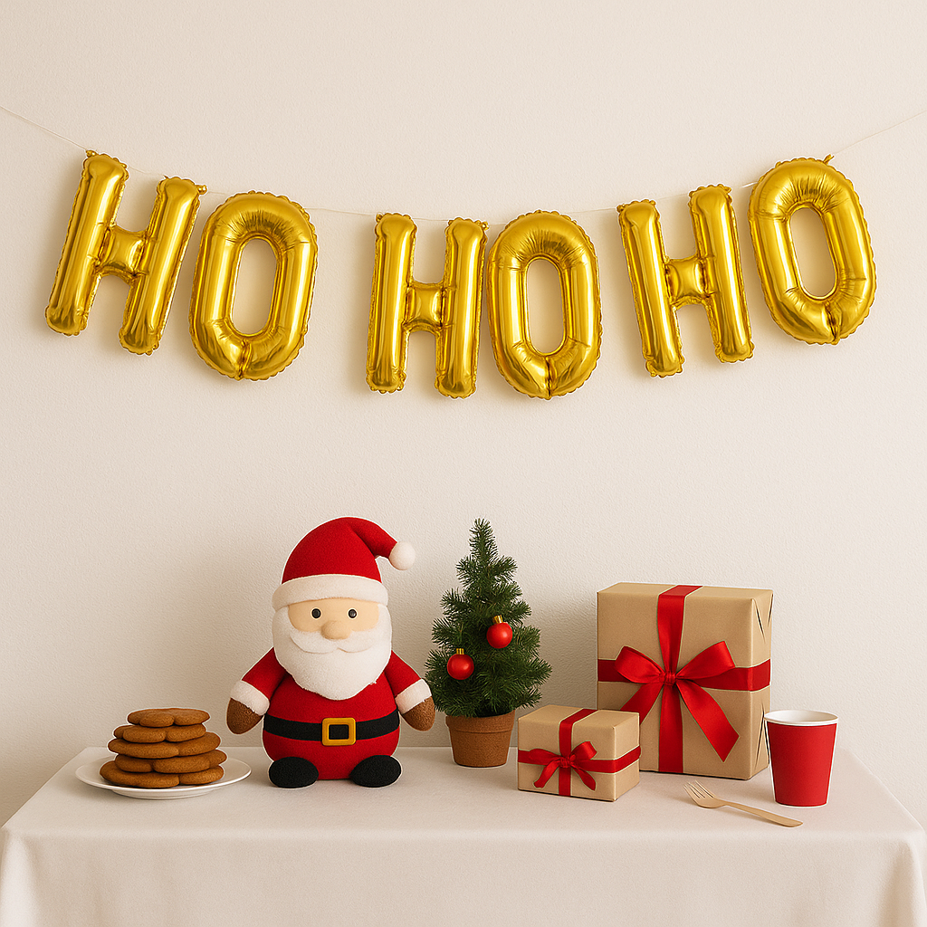 Christmas-themed setup with gold 'HO HO HO' balloons, Santa figurine, cookies, small tree, and presents on a table.