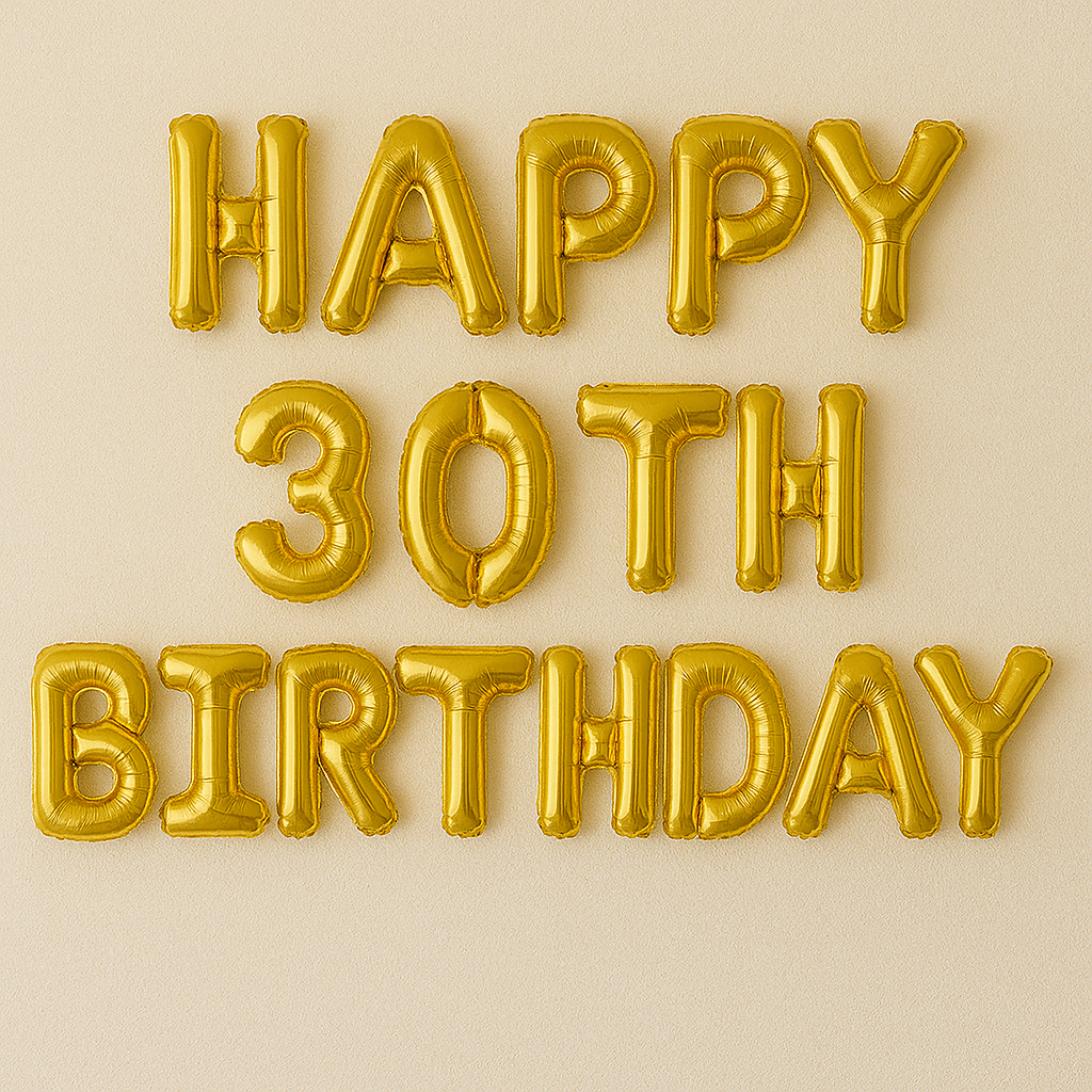 Gold 'Happy 30th Birthday' balloon letters on a beige background