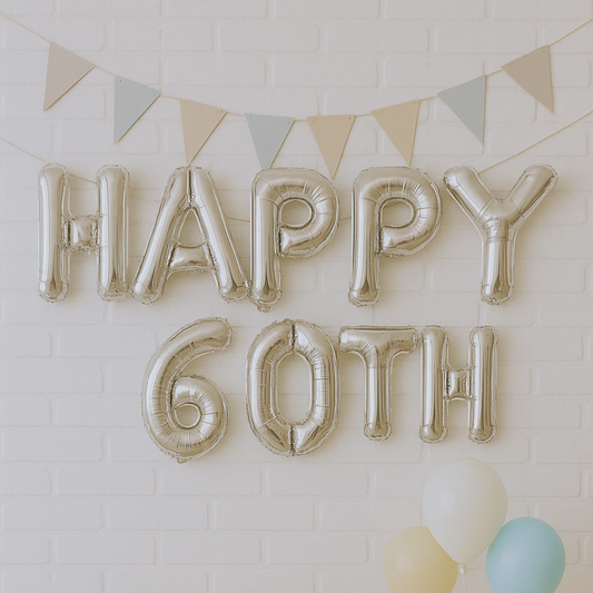 Silver 'Happy 60th' balloons with a decorative banner on a light brick wall.