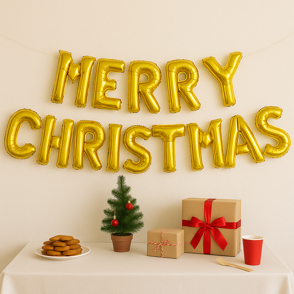 Gold 'Merry Christmas' balloons on a wall with a table displaying cookies, a small tree, and wrapped gifts.