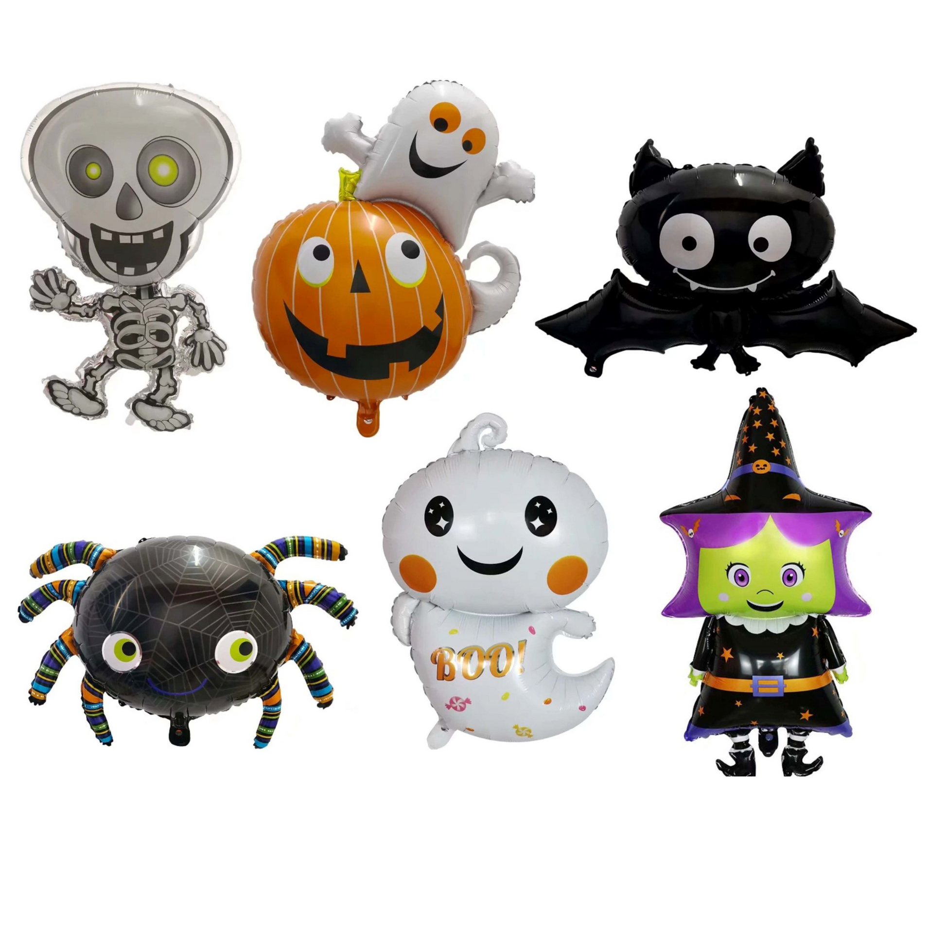 Halloween-themed balloons including skeleton, ghost, pumpkin, bat, spider, and witch on a white background.