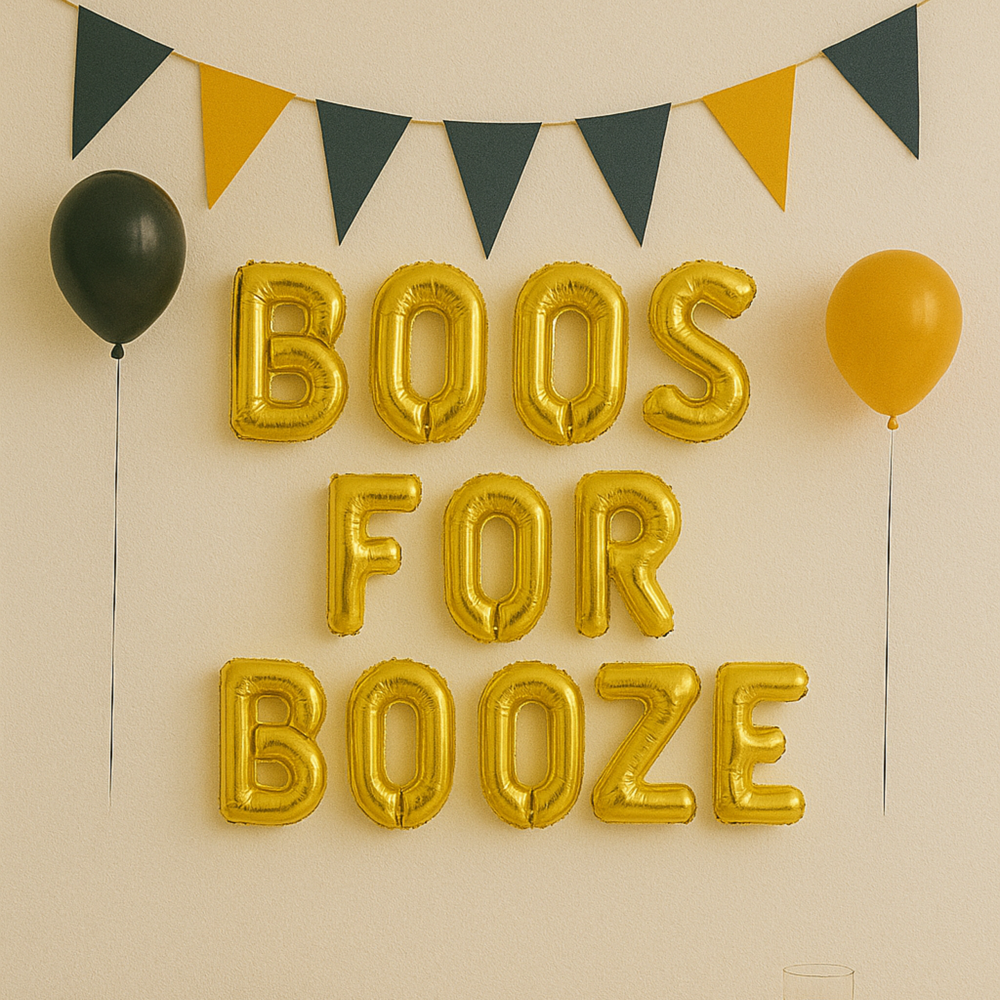 Gold balloon letters spelling 'BOOS FOR BOOZE' with black and yellow triangular flags and balloons on a beige wall.