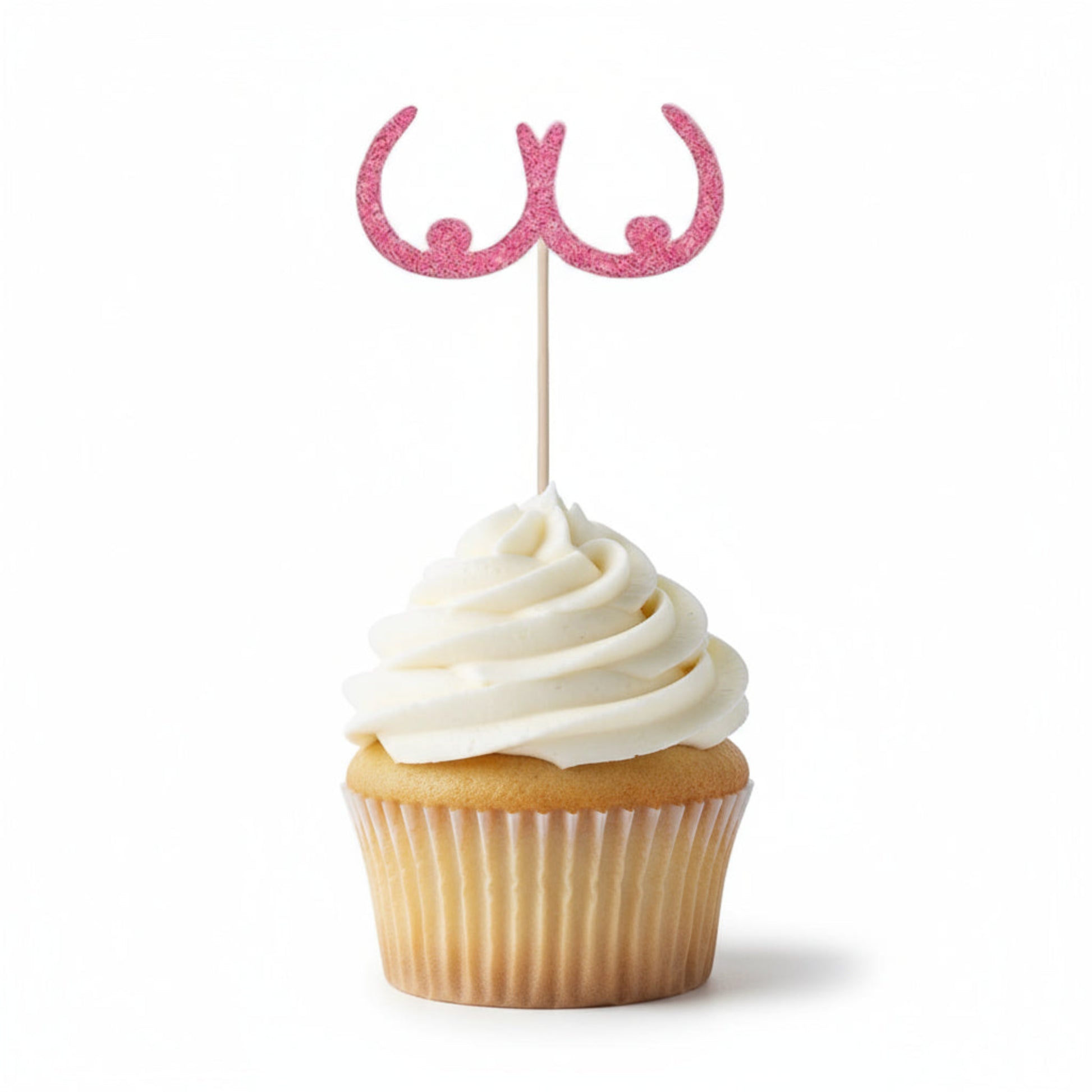 pink glitter breast-shaped cupcake topper on stick — perfect for Breast Cancer Awareness desserts and fundraisers.