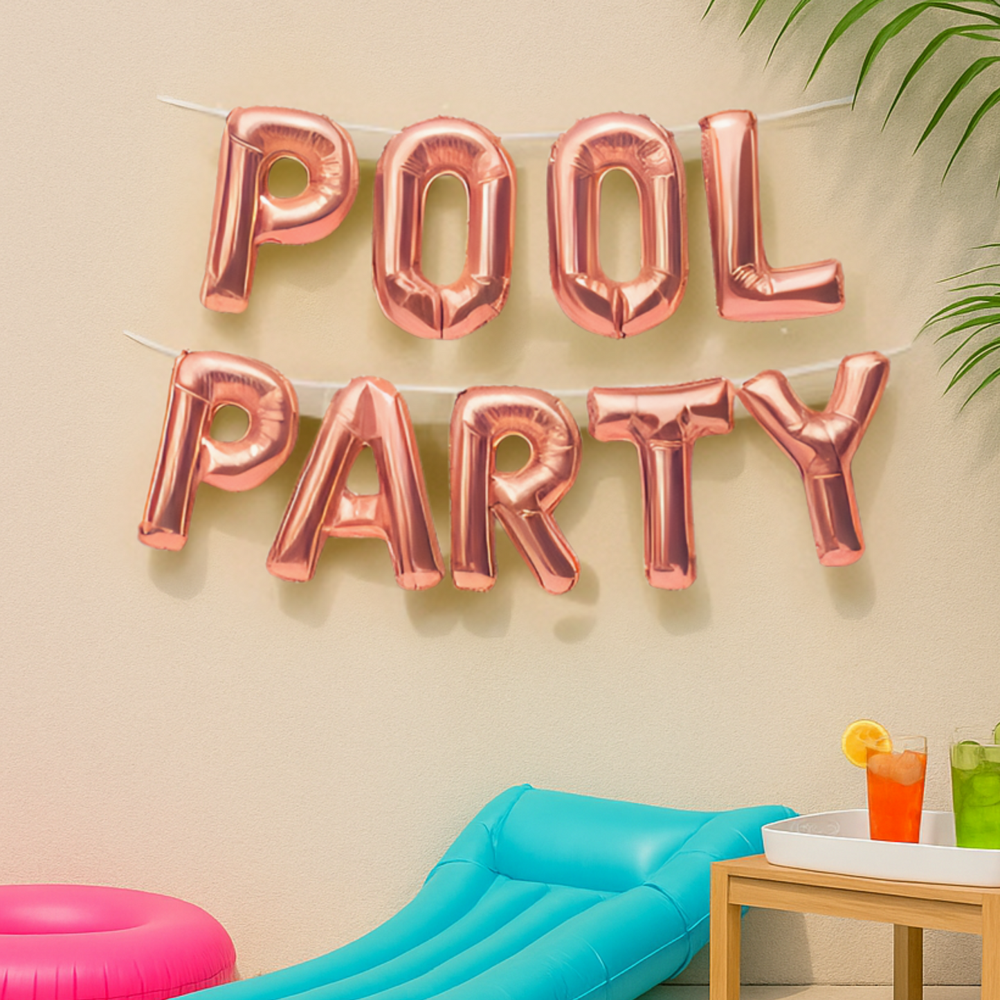 Rose gold 'POOL PARTY' balloons with a poolside setup including a blue inflatable lounge and drinks.