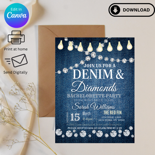 Denim & Diamonds Bachelorette Party Bundle – Invitation Template & Balloon Banner
