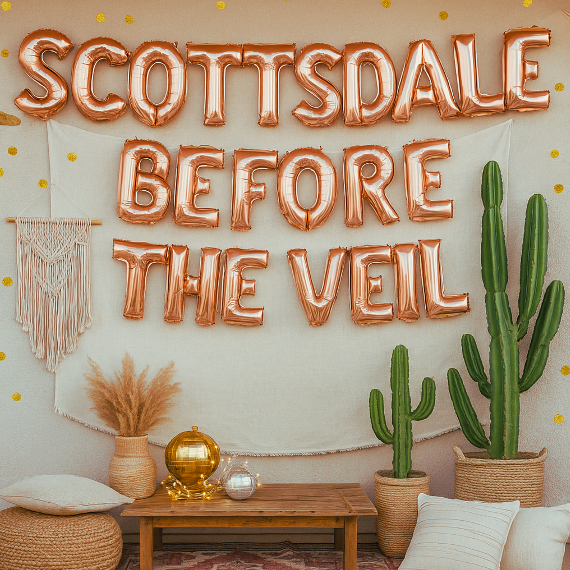 Rose gold "Scottsdale Before The Veil" balloon banner with desert-themed decorations.