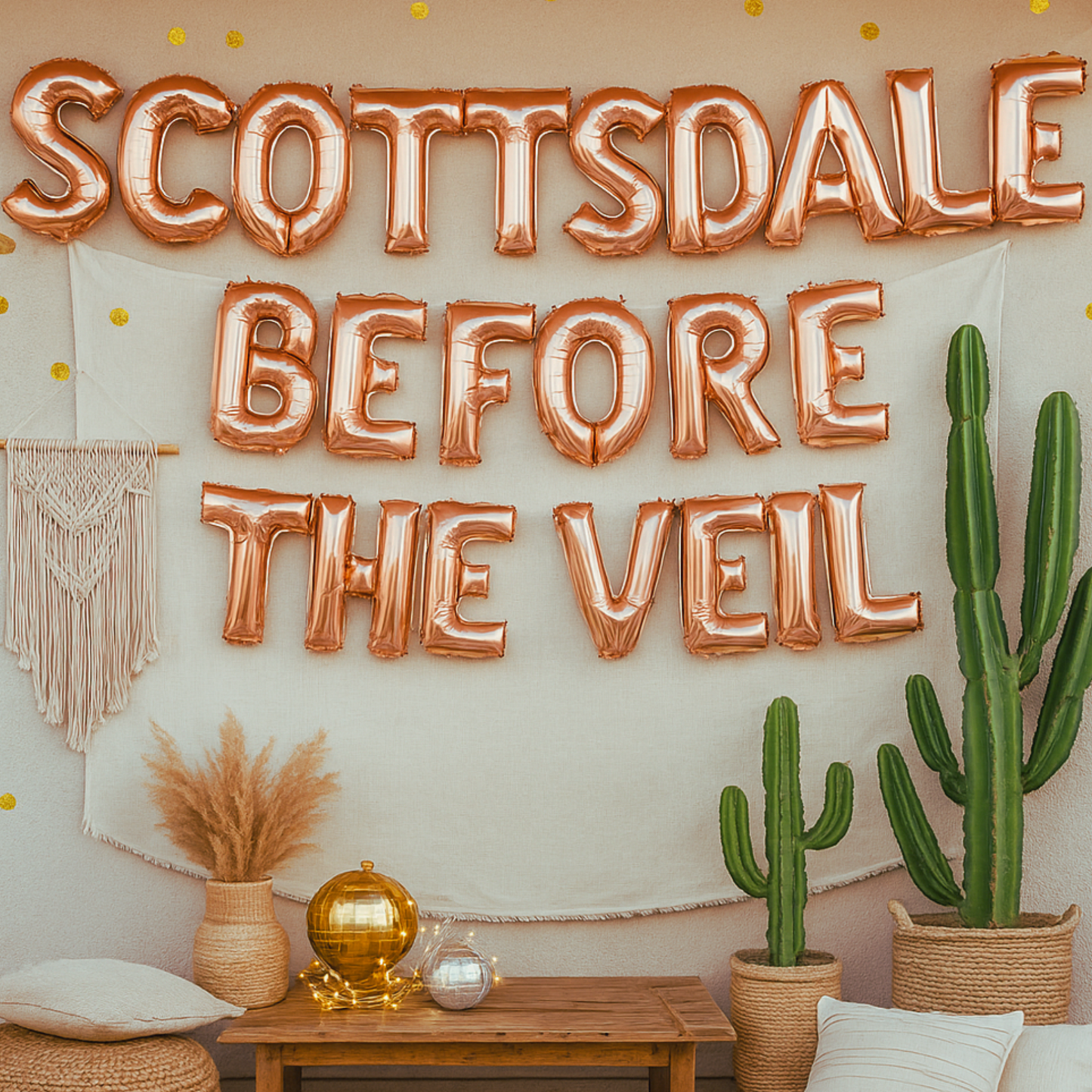 Rose gold "Scottsdale Before The Veil" balloon banner with desert-themed decorations.