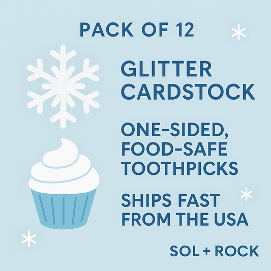 Promotional graphic for glitter cardstock toothpicks with a snowflake and cupcake illustration on a light blue background.