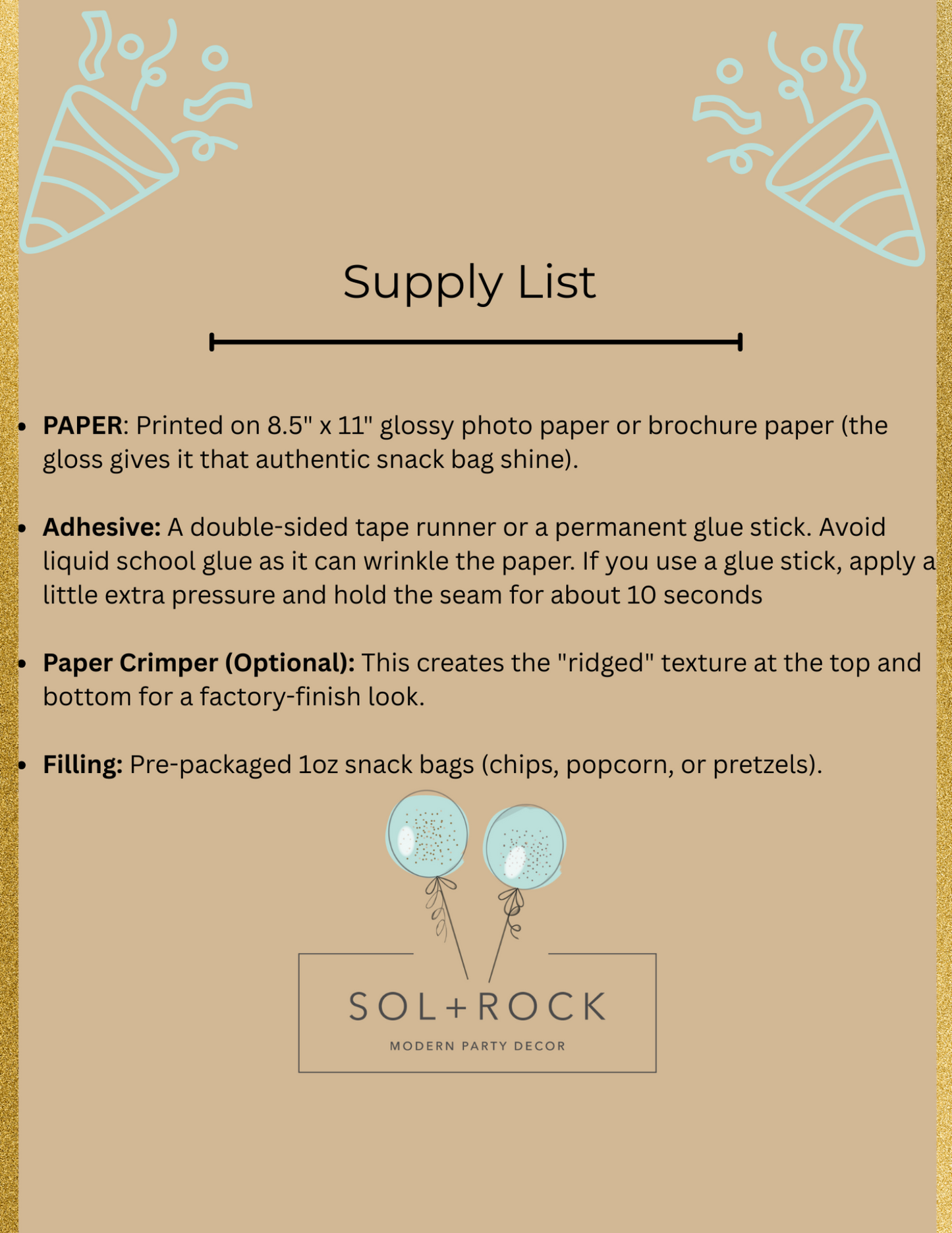 Supply list for creating snack bags with Sol + Rock Modern Party Decor branding on a brown background.