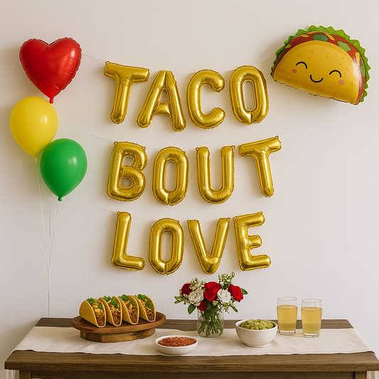 Decorative setup with 'TACO BOUT LOVE' balloons, tacos, flowers, and drinks on a table.