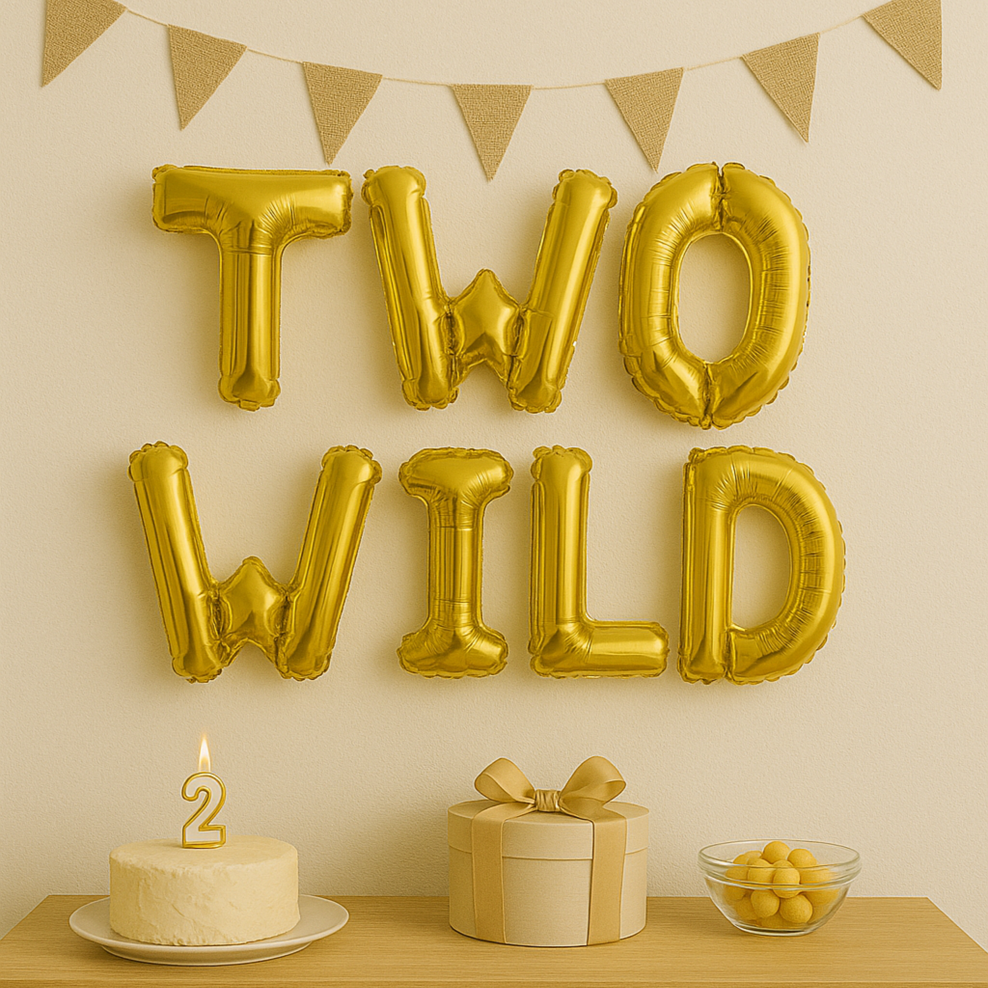 Gold 'TWO WILD' balloons with a cake, gift, and fruit bowl on a wooden table against a beige wall with bunting.