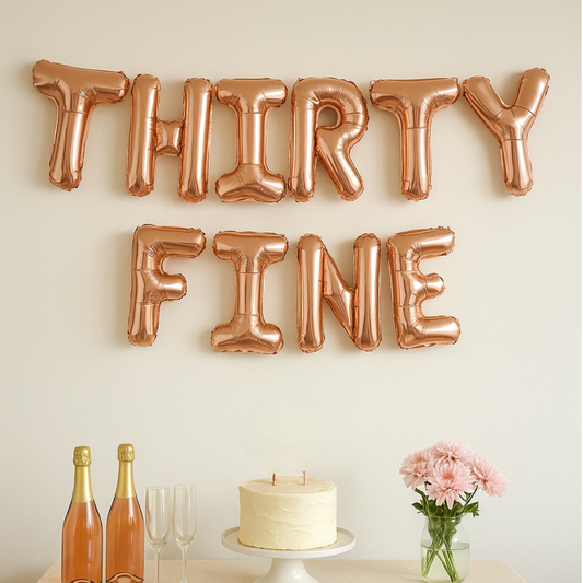 Thirty Fine balloon banner in foil letters for 35th or 39th birthday party backdrop