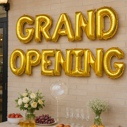 Gold Grand Opening foil balloons.