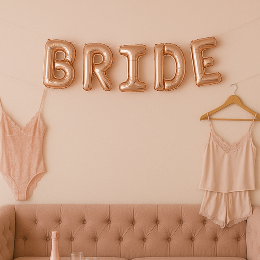 Bride balloons hanging on wall with string