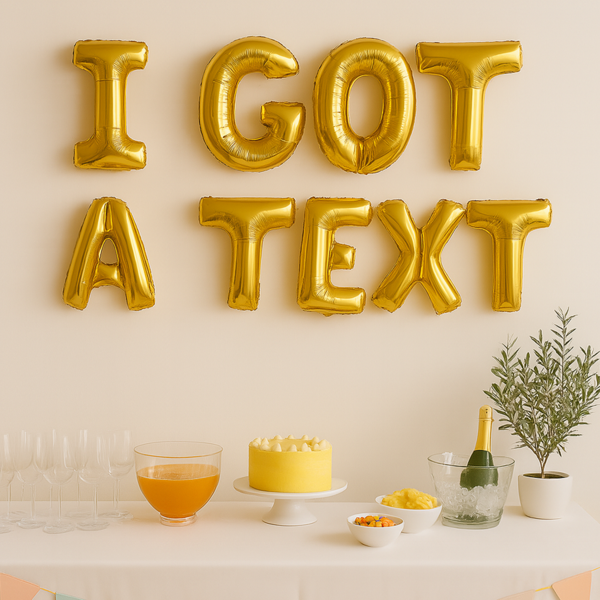 Gold balloon letters spelling 'I GOT A TEXT' above a table with drinks and a cake.