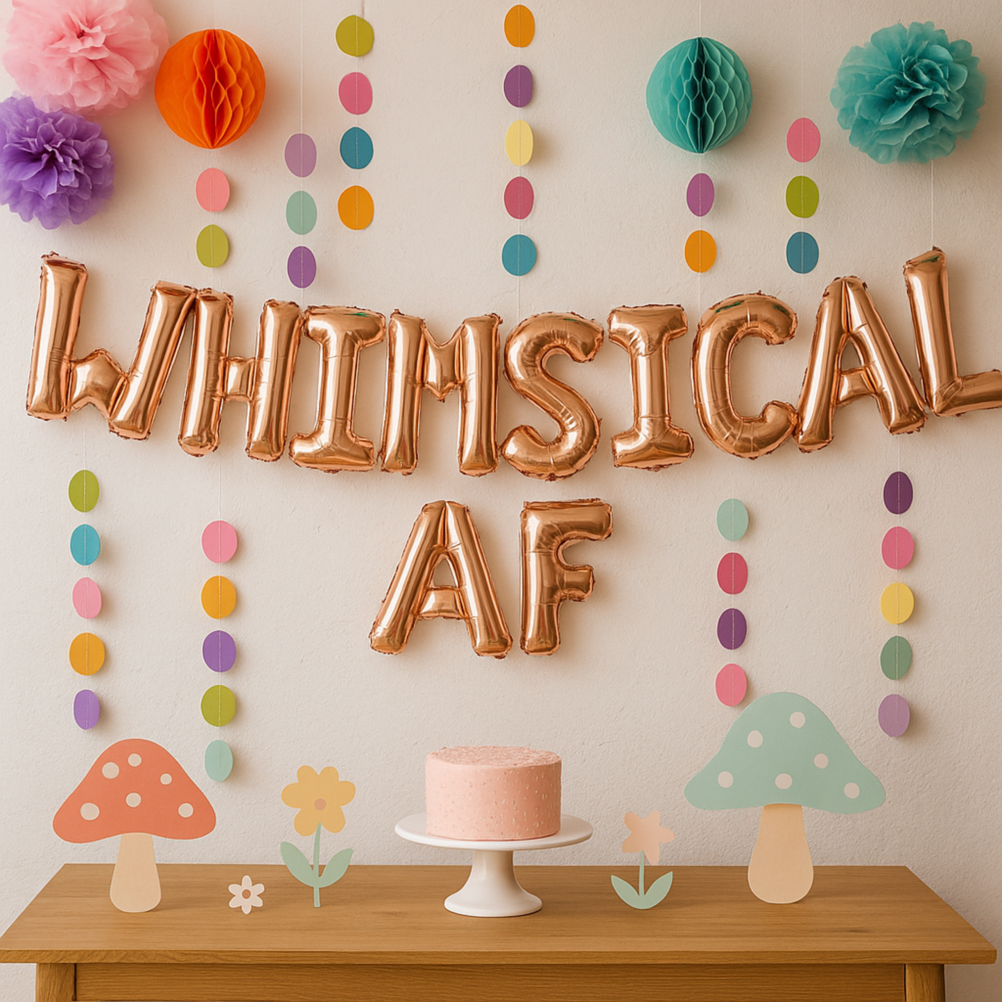 Decorative setup with 'WHIMSICAL AF' balloons, colorful pom-poms, and a pink cake on a wooden table.