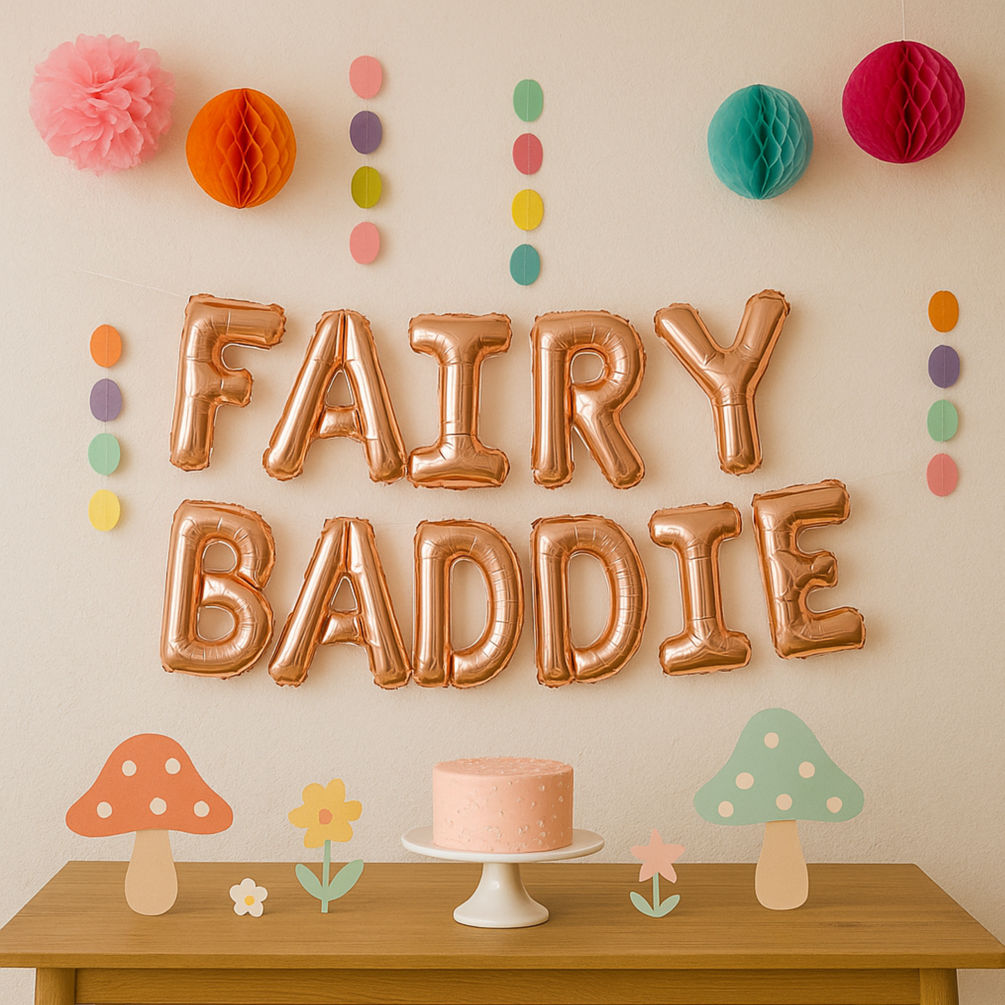 Decorative setup with 'FAIRY BADDIE' balloons, colorful pom-poms, and small plants on a wooden table.