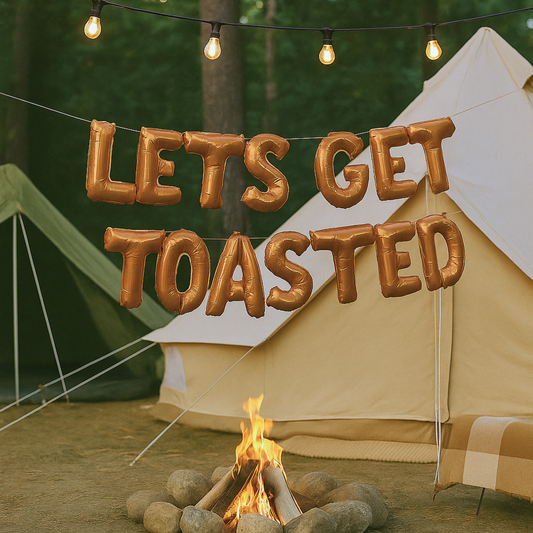 Camp Bachelorette balloon banner for rustic and glamping parties