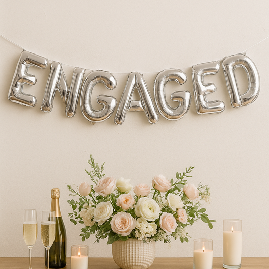 Engaged silver foil balloon banner for engagement party backdrop